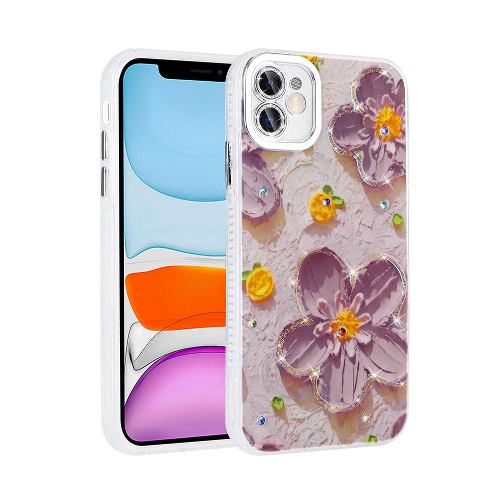 Apple iPhone 11 Uyumlu Kılıf Çiçek Desenli Parlak Taşlı Sert Silikon Zore Garden Kapak