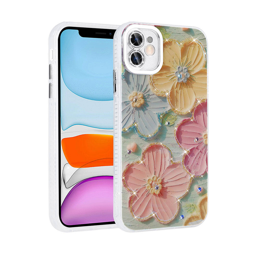 Apple iPhone 11 Uyumlu Kılıf Çiçek Desenli Parlak Taşlı Sert Silikon Zore Garden Kapak