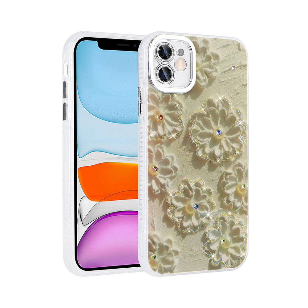 Apple iPhone 11 Uyumlu Kılıf Çiçek Desenli Parlak Taşlı Sert Silikon Zore Garden Kapak