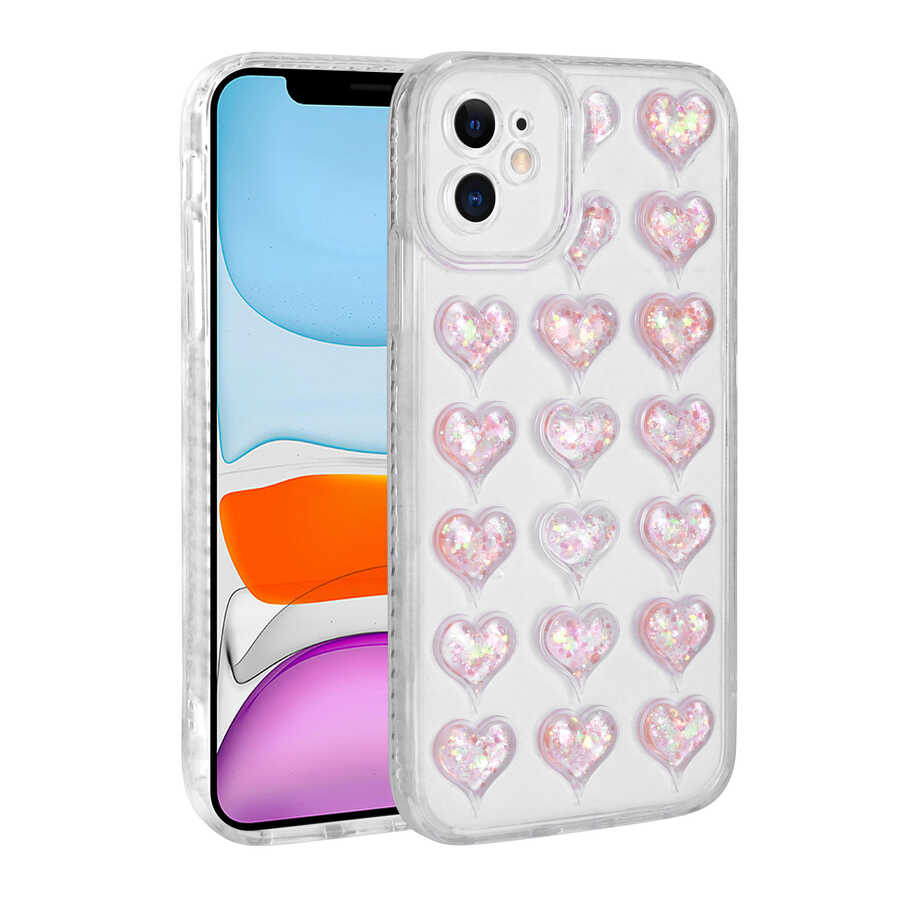 Apple iPhone 11 Uyumlu Kılıf Kamera Korumalı Renkli Kalp Desenli Transparan Zore Kalp Kapak