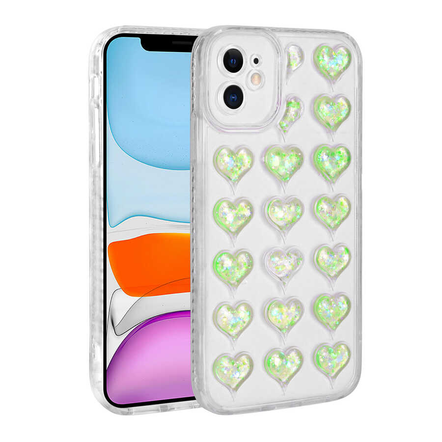 Apple iPhone 11 Uyumlu Kılıf Kamera Korumalı Renkli Kalp Desenli Transparan Zore Kalp Kapak