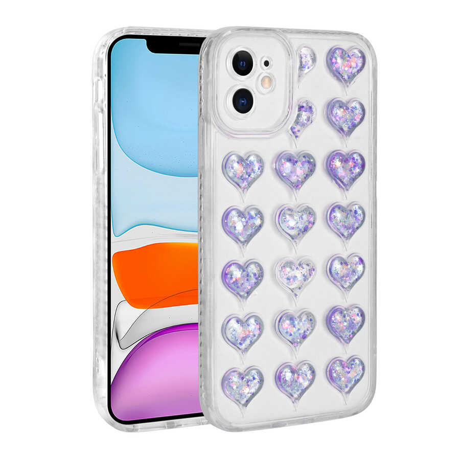 Apple iPhone 11 Uyumlu Kılıf Kamera Korumalı Renkli Kalp Desenli Transparan Zore Kalp Kapak