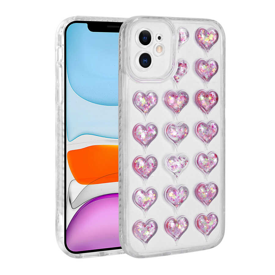 Apple iPhone 11 Uyumlu Kılıf Kamera Korumalı Renkli Kalp Desenli Transparan Zore Kalp Kapak
