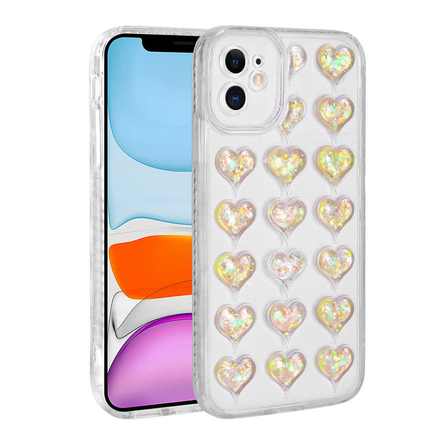Apple iPhone 11 Uyumlu Kılıf Kamera Korumalı Renkli Kalp Desenli Transparan Zore Kalp Kapak