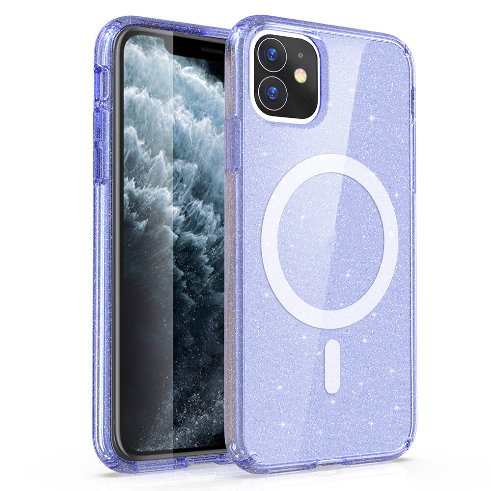 Apple iPhone 11 Uyumlu Kılıf M-safe Şarj Özellikli Parlayan Simli Saydam Renkli Zore Allstar Kapak