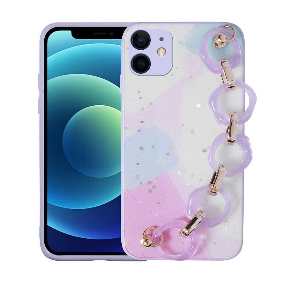 Apple iPhone 11 Uyumlu Kılıf Simli Desenli El Askılı Tutacaklı Zore Elsa Silikon Kapak