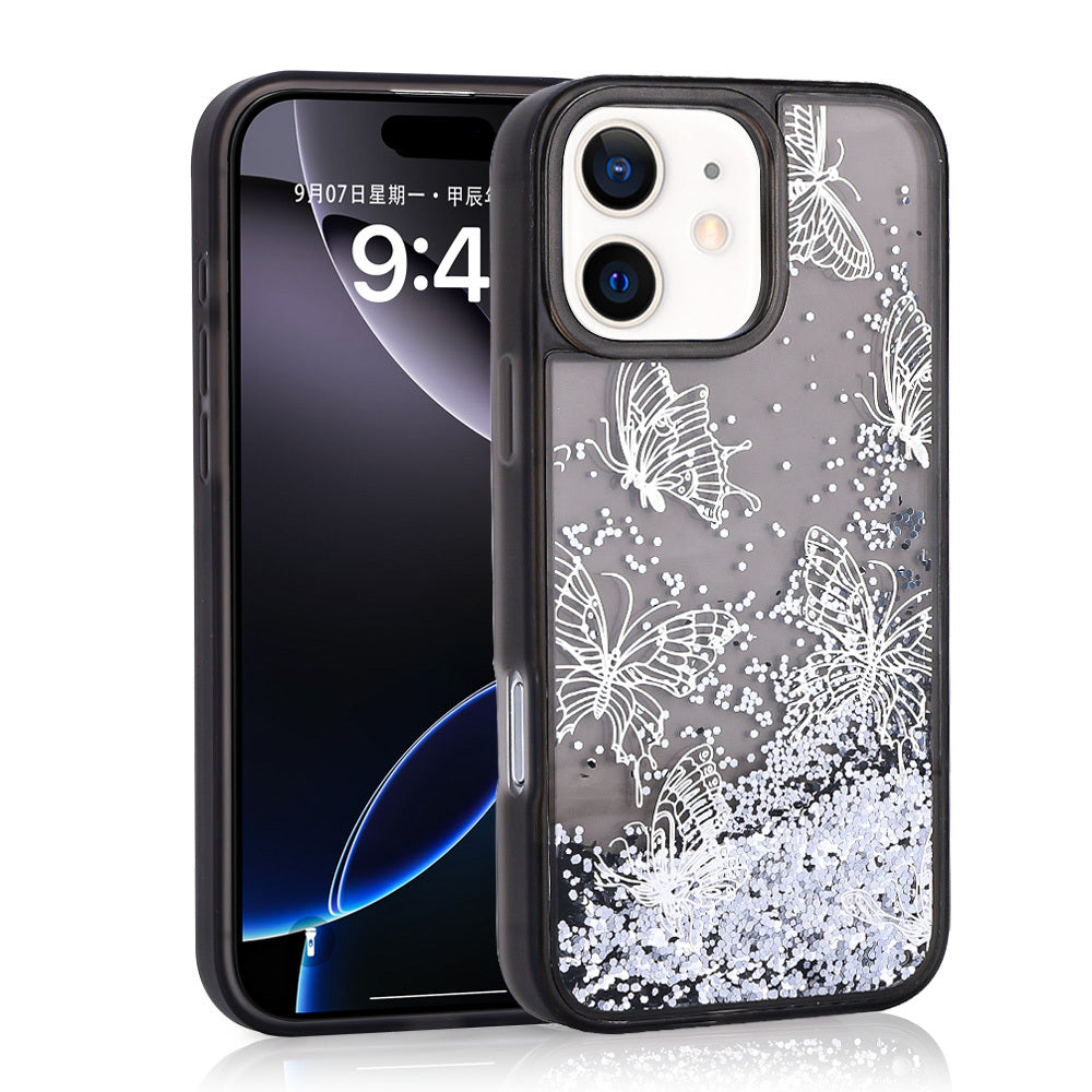 Apple iPhone 11 Uyumlu Kılıf Sıvılı Simli Kelebek Baskılı Şeffaf Arka Yüzey Zore Glis Silikon Kapak