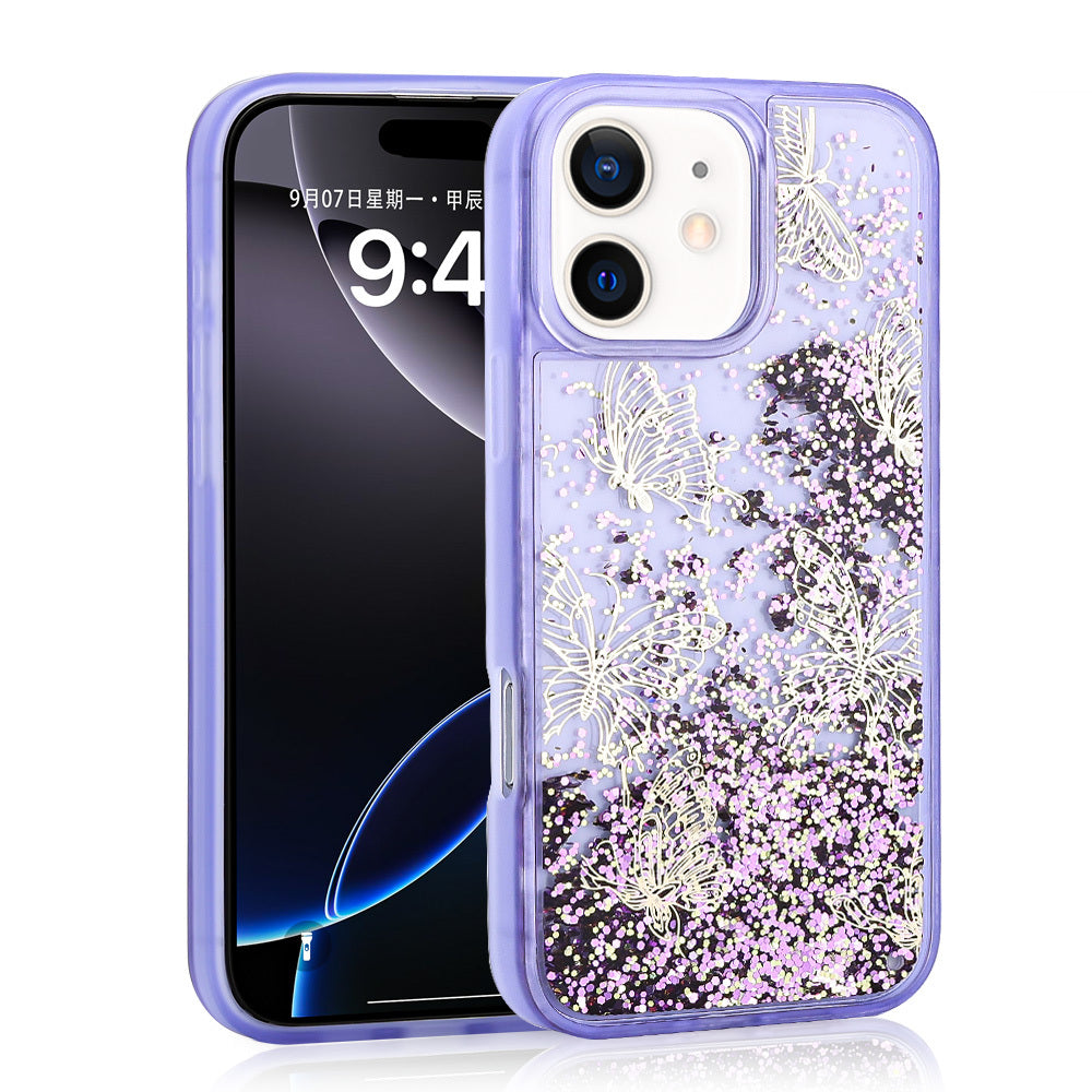 Apple iPhone 11 Uyumlu Kılıf Sıvılı Simli Kelebek Baskılı Şeffaf Arka Yüzey Zore Glis Silikon Kapak
