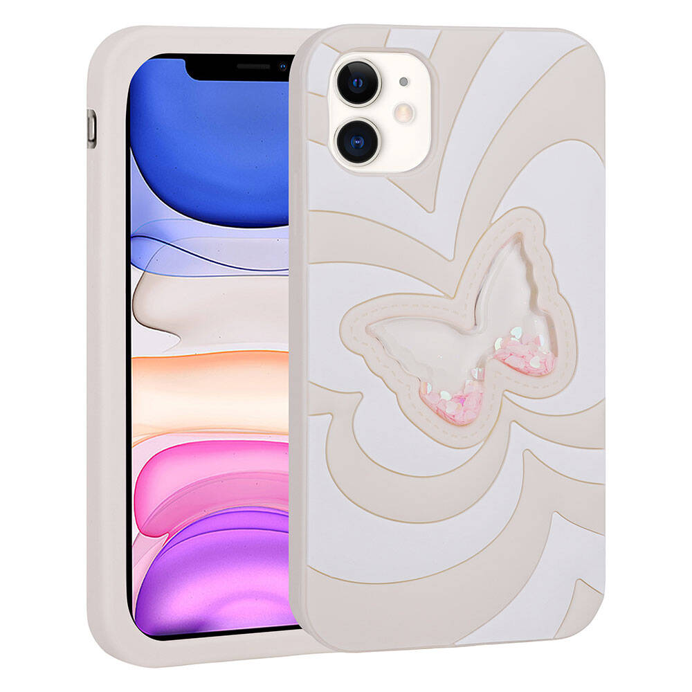 Apple iPhone 11 Uyumlu Kılıf Sıvılı Simli Kelebekli Tasarım Zore Vodena Kapak
