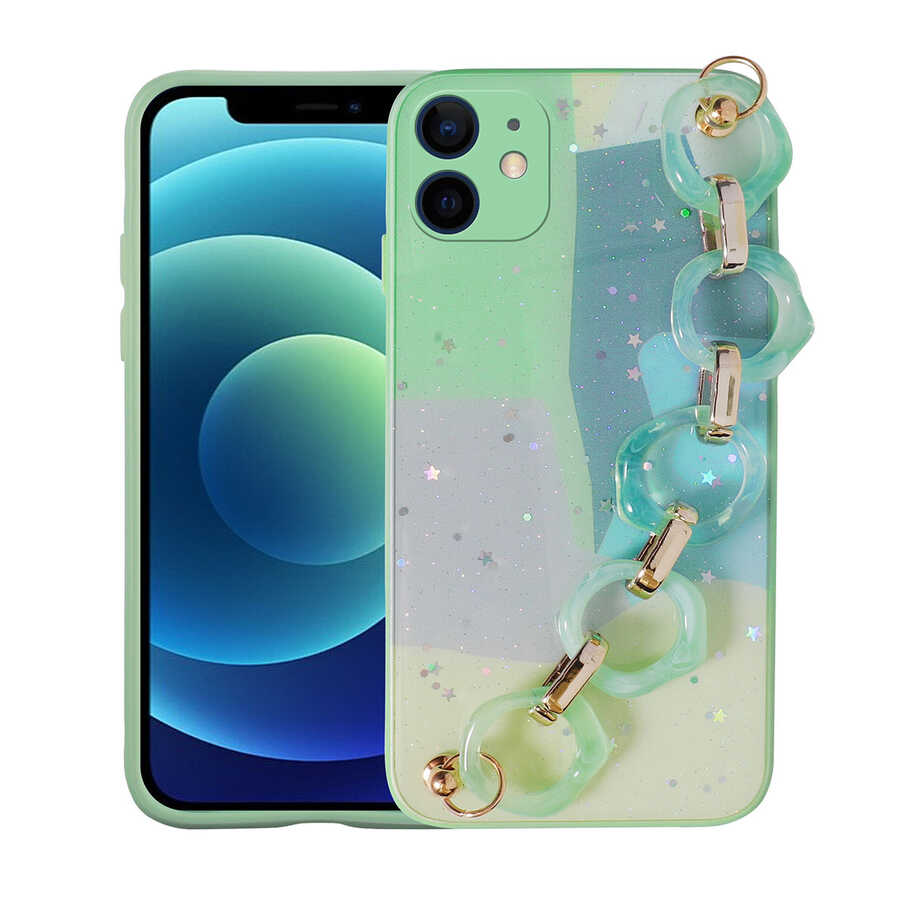 Apple iPhone 12 Uyumlu Kılıf Simli Desenli El Askılı Tutacaklı Zore Elsa Silikon Kapak