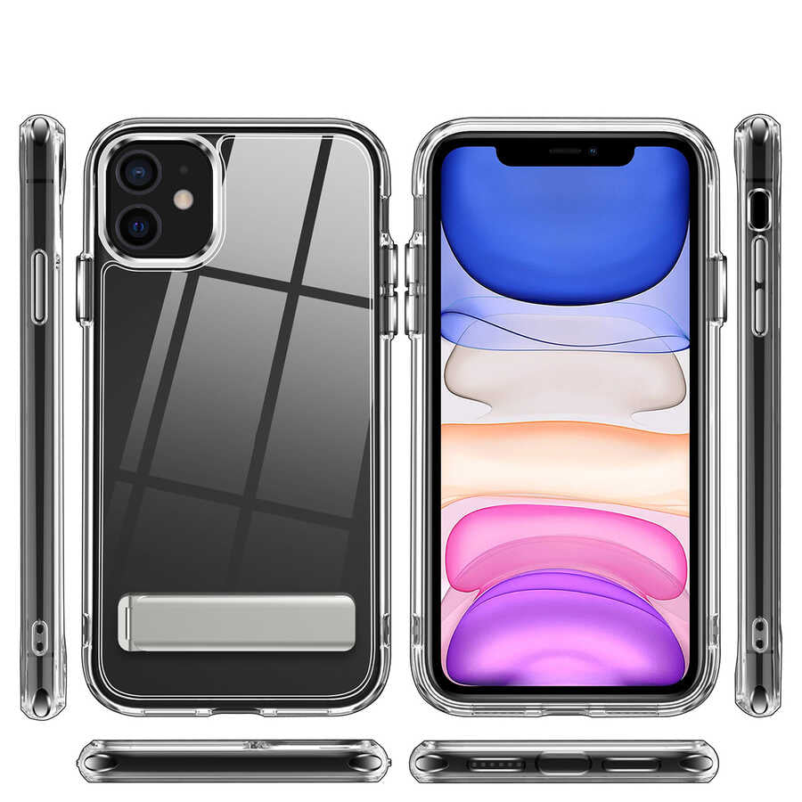 Apple iPhone 12 Uyumlu Kılıf Standlı Şeffaf Silikon Zore L-Stand Kapak