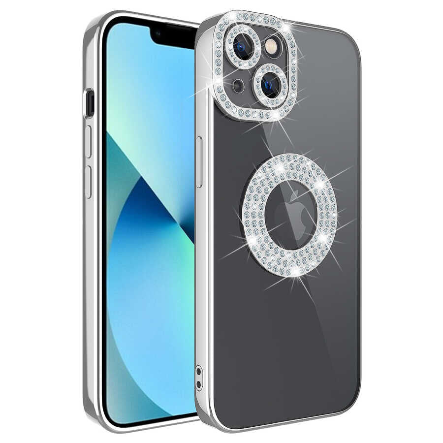 Apple iPhone 13 Uyumlu Kılıf Kamera Korumalı Taş Süslemeli Arkası Şeffaf Zore Asya Kapak