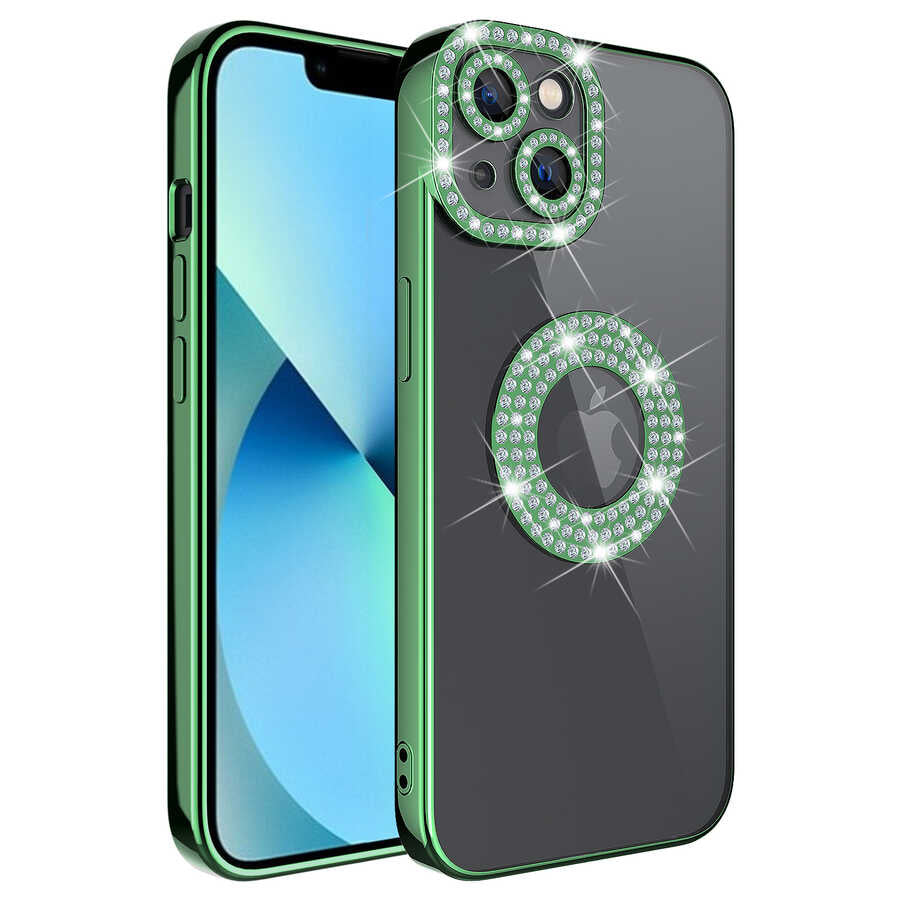 Apple iPhone 13 Uyumlu Kılıf Kamera Korumalı Taş Süslemeli Arkası Şeffaf Zore Asya Kapak
