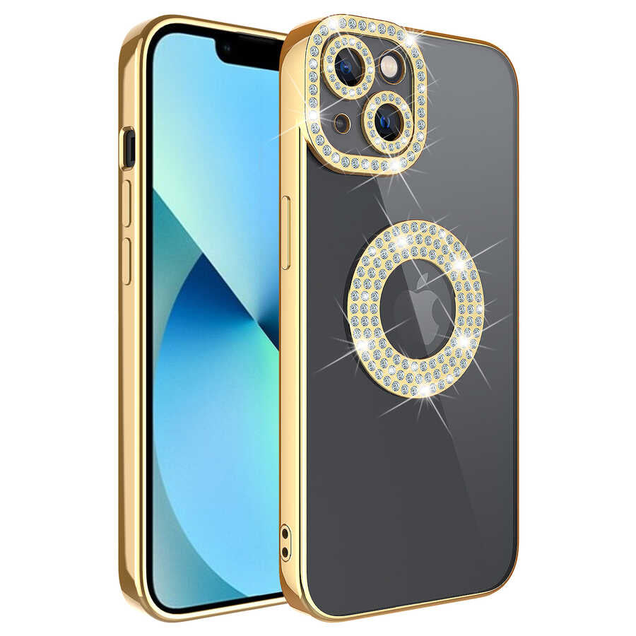 Apple iPhone 13 Uyumlu Kılıf Kamera Korumalı Taş Süslemeli Arkası Şeffaf Zore Asya Kapak