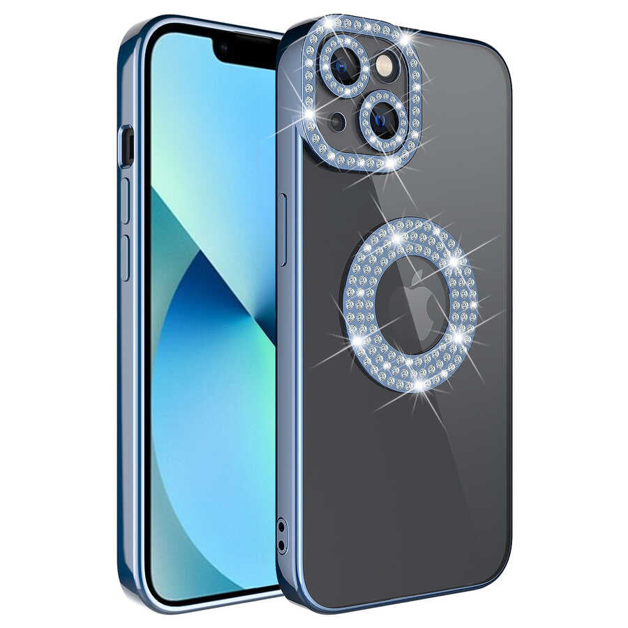 Apple iPhone 13 Uyumlu Kılıf Kamera Korumalı Taş Süslemeli Arkası Şeffaf Zore Asya Kapak