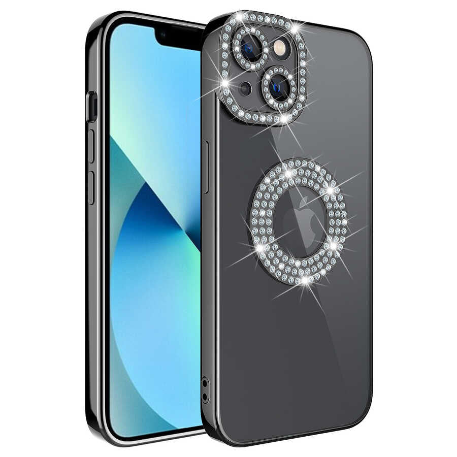 Apple iPhone 13 Uyumlu Kılıf Kamera Korumalı Taş Süslemeli Arkası Şeffaf Zore Asya Kapak