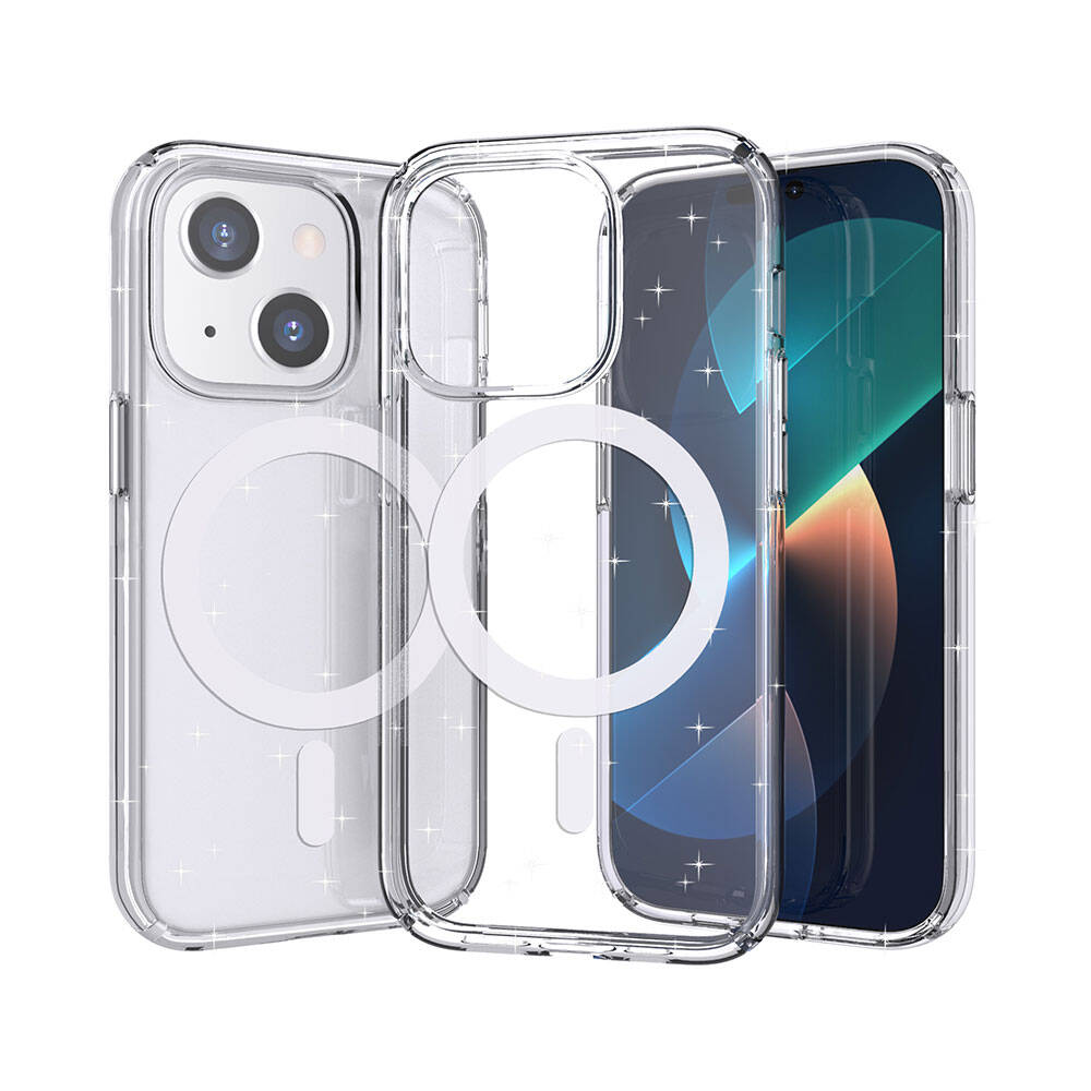 Apple iPhone 13 Uyumlu Kılıf M-safe Şarj Özellikli Parlayan Simli Saydam Renkli Zore Allstar Kapak