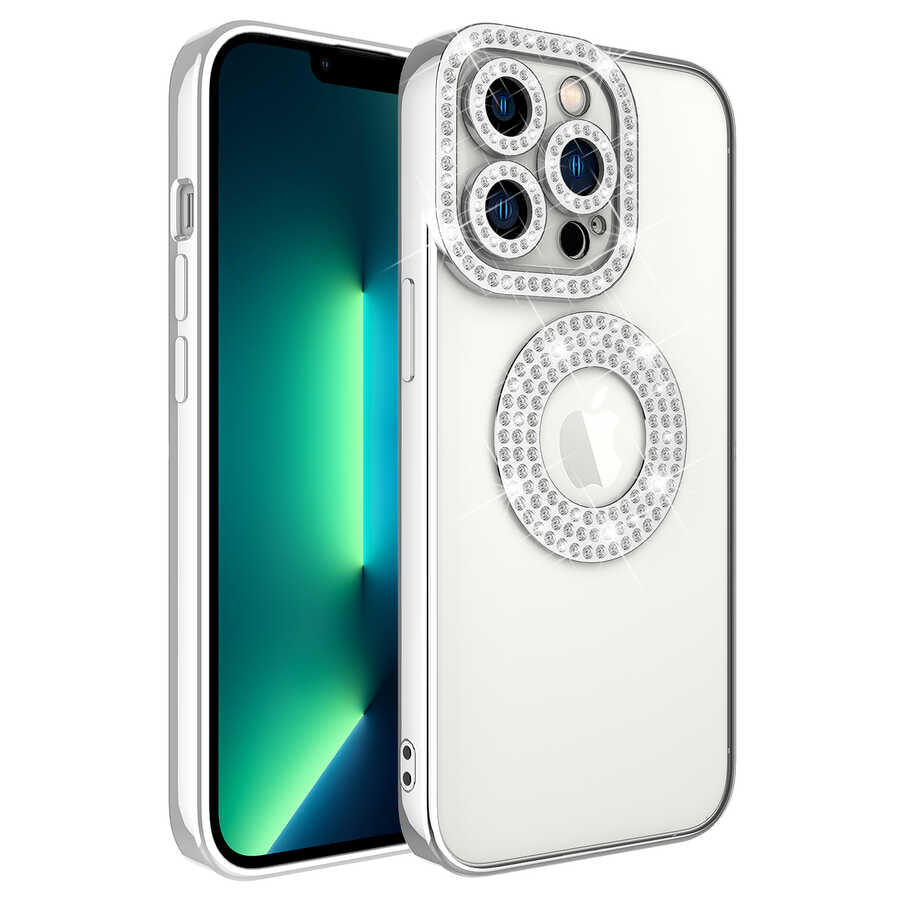 Apple iPhone 13 Pro Uyumlu Kılıf Kamera Korumalı Taş Süslemeli Arkası Şeffaf Zore Asya Kapak