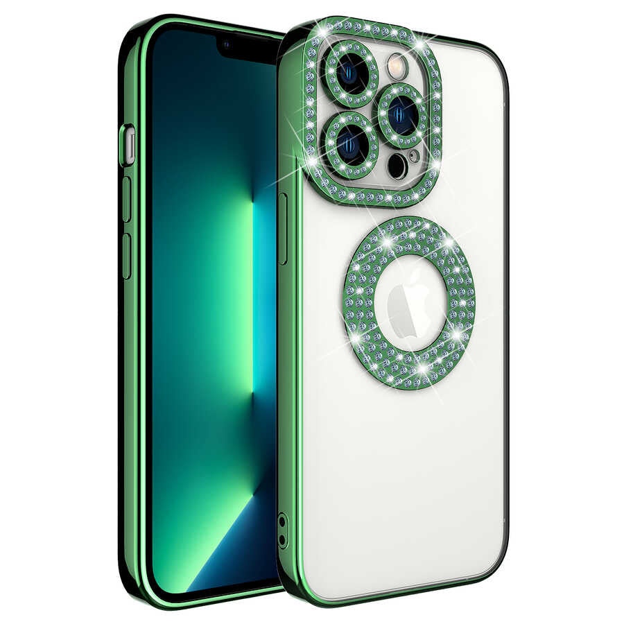 Apple iPhone 13 Pro Uyumlu Kılıf Kamera Korumalı Taş Süslemeli Arkası Şeffaf Zore Asya Kapak