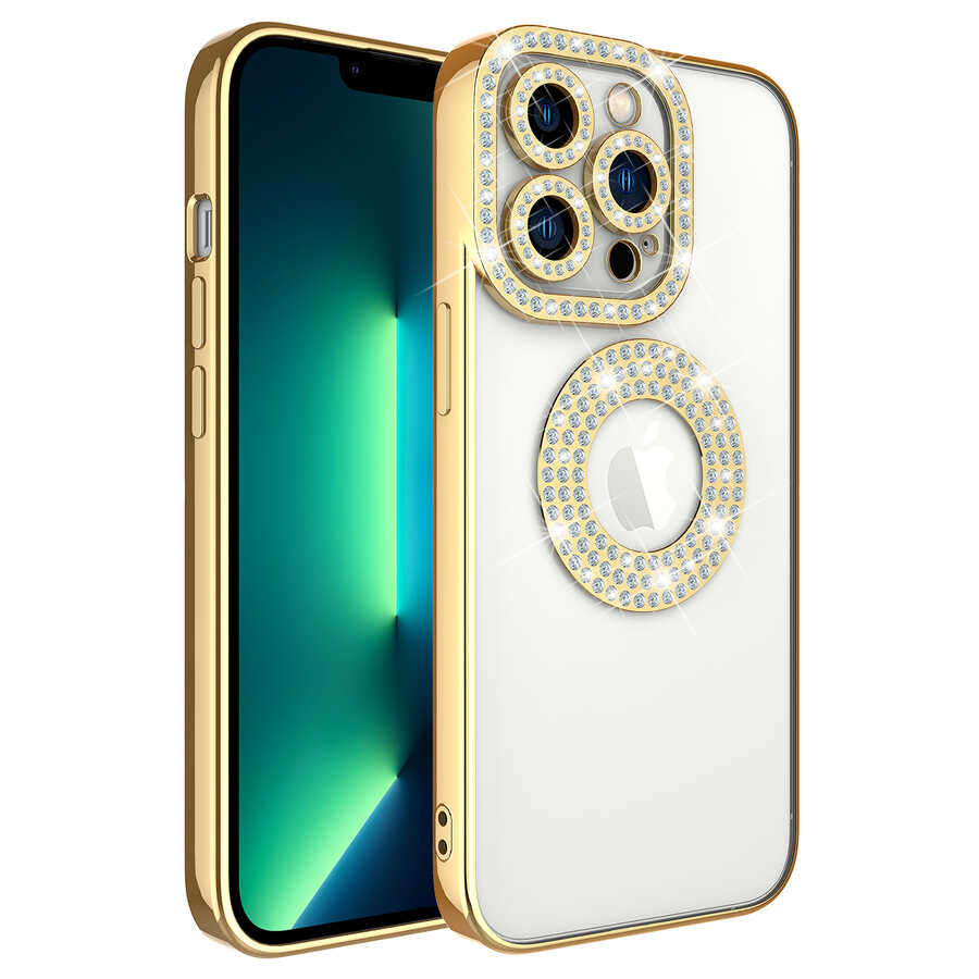 Apple iPhone 13 Pro Uyumlu Kılıf Kamera Korumalı Taş Süslemeli Arkası Şeffaf Zore Asya Kapak