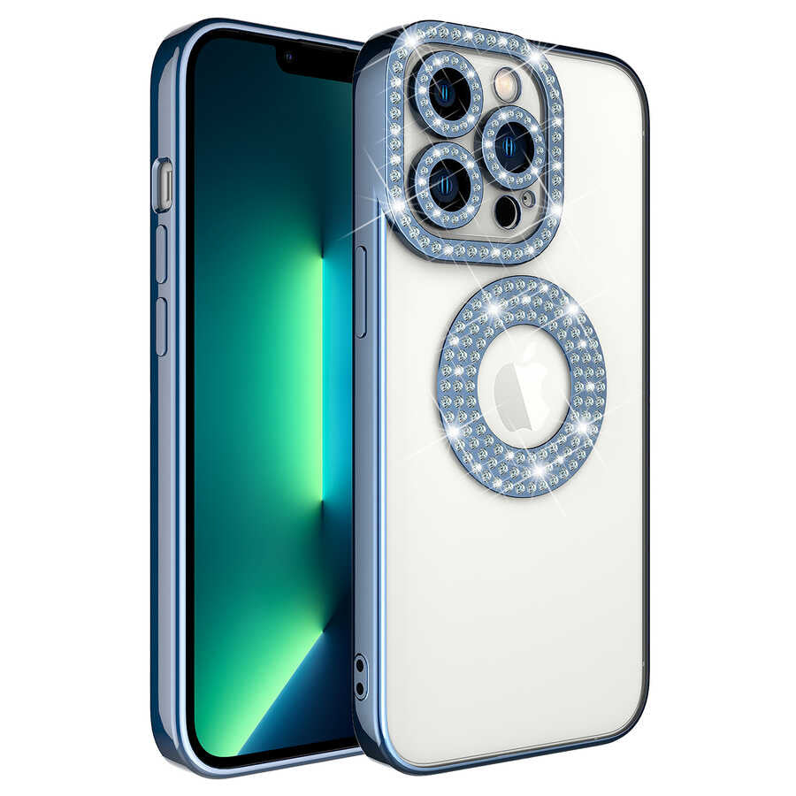 Apple iPhone 13 Pro Uyumlu Kılıf Kamera Korumalı Taş Süslemeli Arkası Şeffaf Zore Asya Kapak