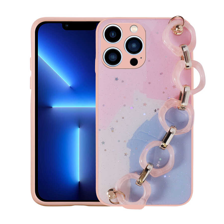 Apple iPhone 13 Pro Max Uyumlu Kılıf Simli Desenli El Askılı Tutacaklı Zore Elsa Silikon Kapak