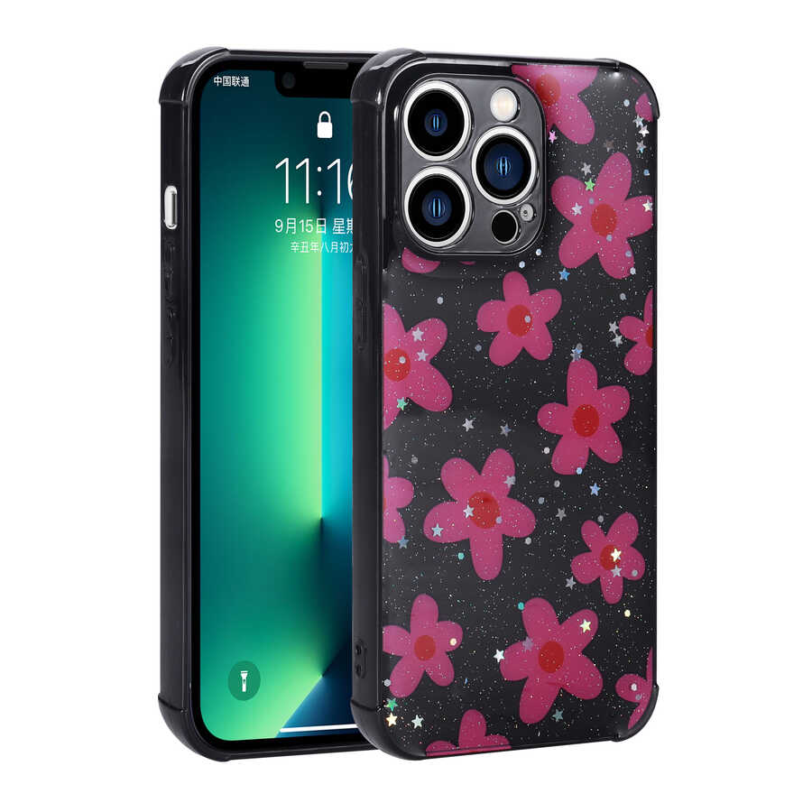 Apple iPhone 13 Pro Max Uyumlu Kılıf Simli Desenli Kamera Korumalı Parlak Zore Popy Kapak