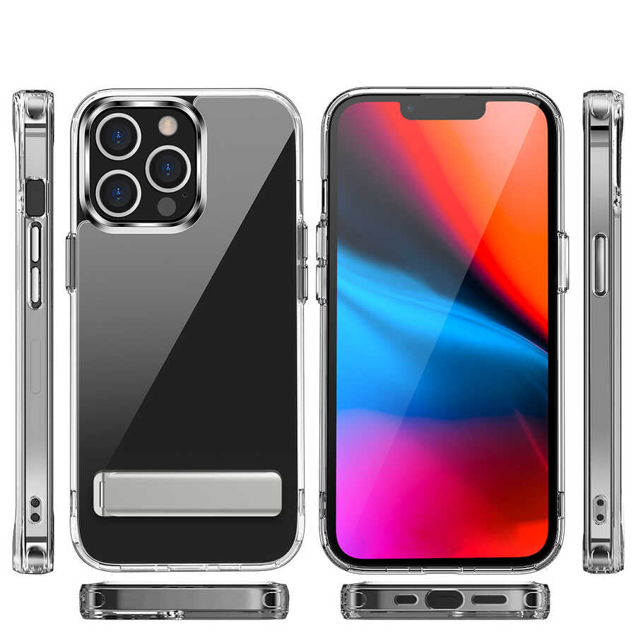 Apple iPhone 14 Pro Uyumlu Kılıf Standlı Şeffaf Silikon Zore L-Stand Kapak