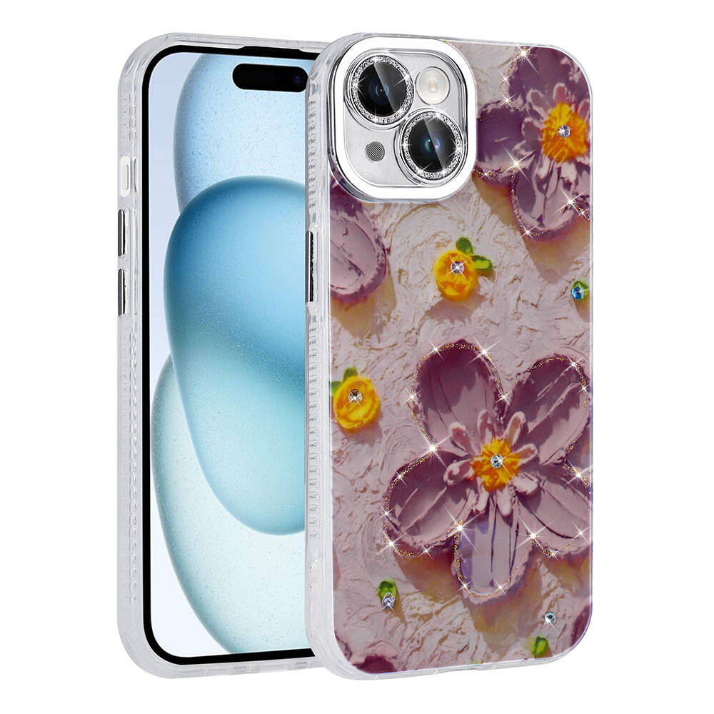 Apple iPhone 15 Uyumlu Kılıf Çiçek Desenli Parlak Taşlı Sert Silikon Zore Garden Kapak