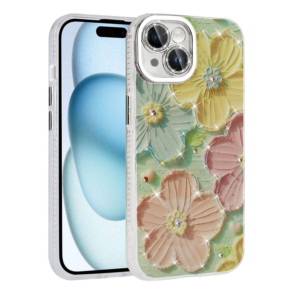 Apple iPhone 15 Uyumlu Kılıf Çiçek Desenli Parlak Taşlı Sert Silikon Zore Garden Kapak