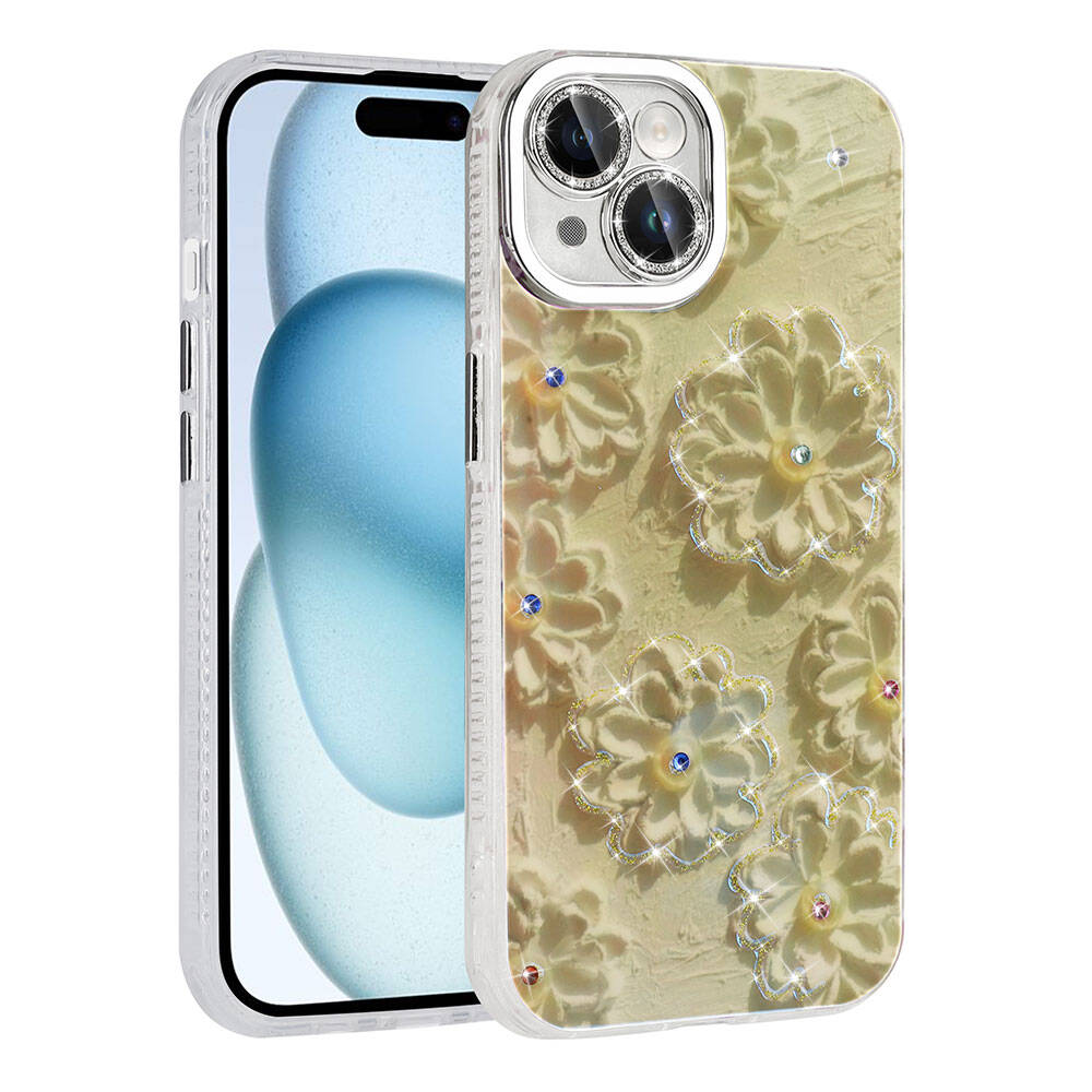 Apple iPhone 15 Uyumlu Kılıf Çiçek Desenli Parlak Taşlı Sert Silikon Zore Garden Kapak