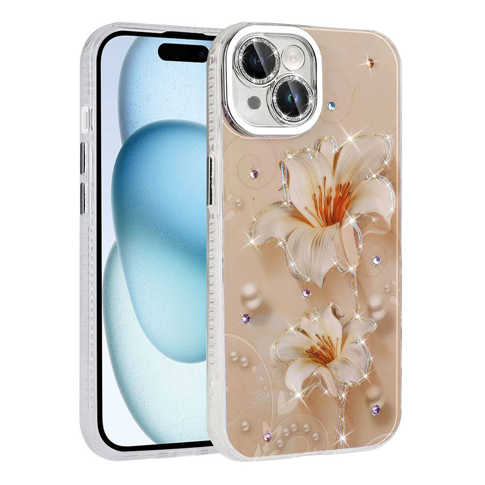 Apple iPhone 15 Uyumlu Kılıf Çiçek Desenli Parlak Taşlı Sert Silikon Zore Garden Kapak