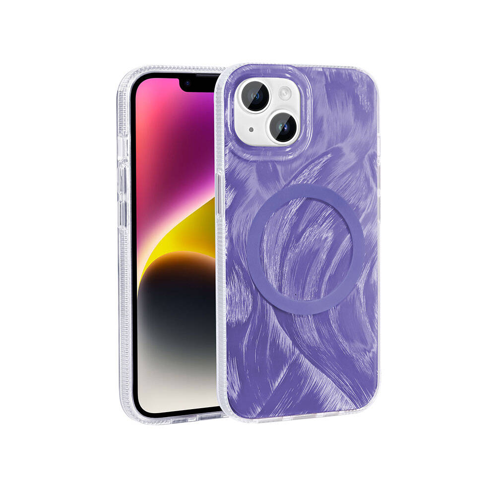 Apple iPhone 15 Uyumlu Kılıf M-safe Şarj Özellikli Fırça Boya Desenli Zore Palet Kapak