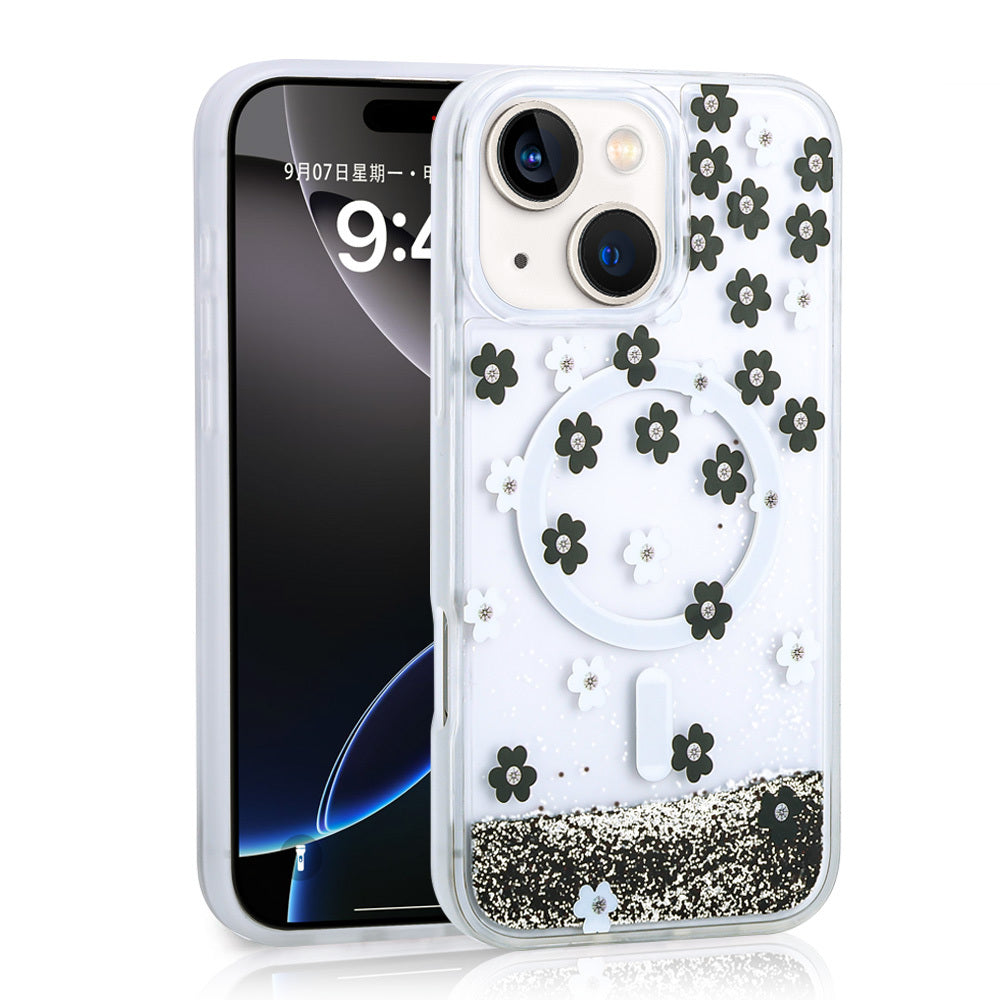 Apple iPhone 15 Uyumlu Kılıf Sıvılı Simli Baskılı Şeffaf Arka Yüzey Zore Mossa Silikon Kapak