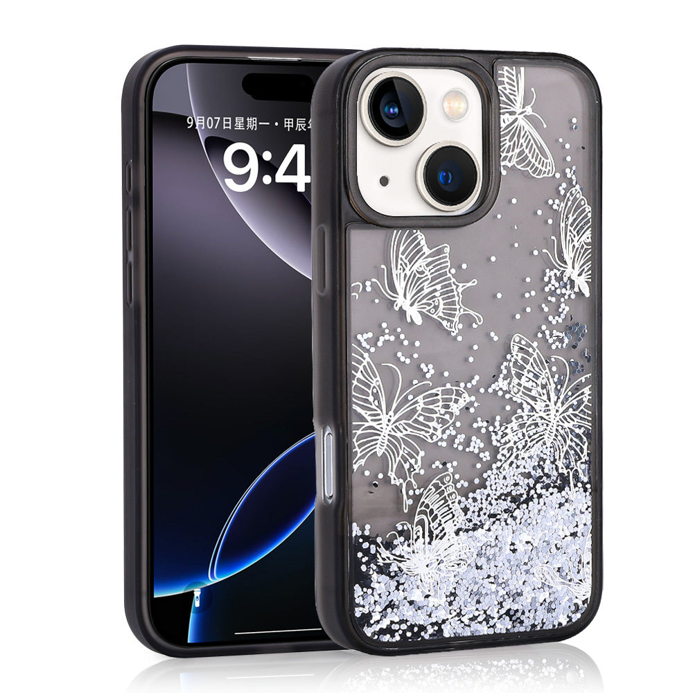 Apple iPhone 15 Uyumlu Kılıf Sıvılı Simli Kelebek Baskılı Şeffaf Arka Yüzey Zore Glis Silikon Kapak