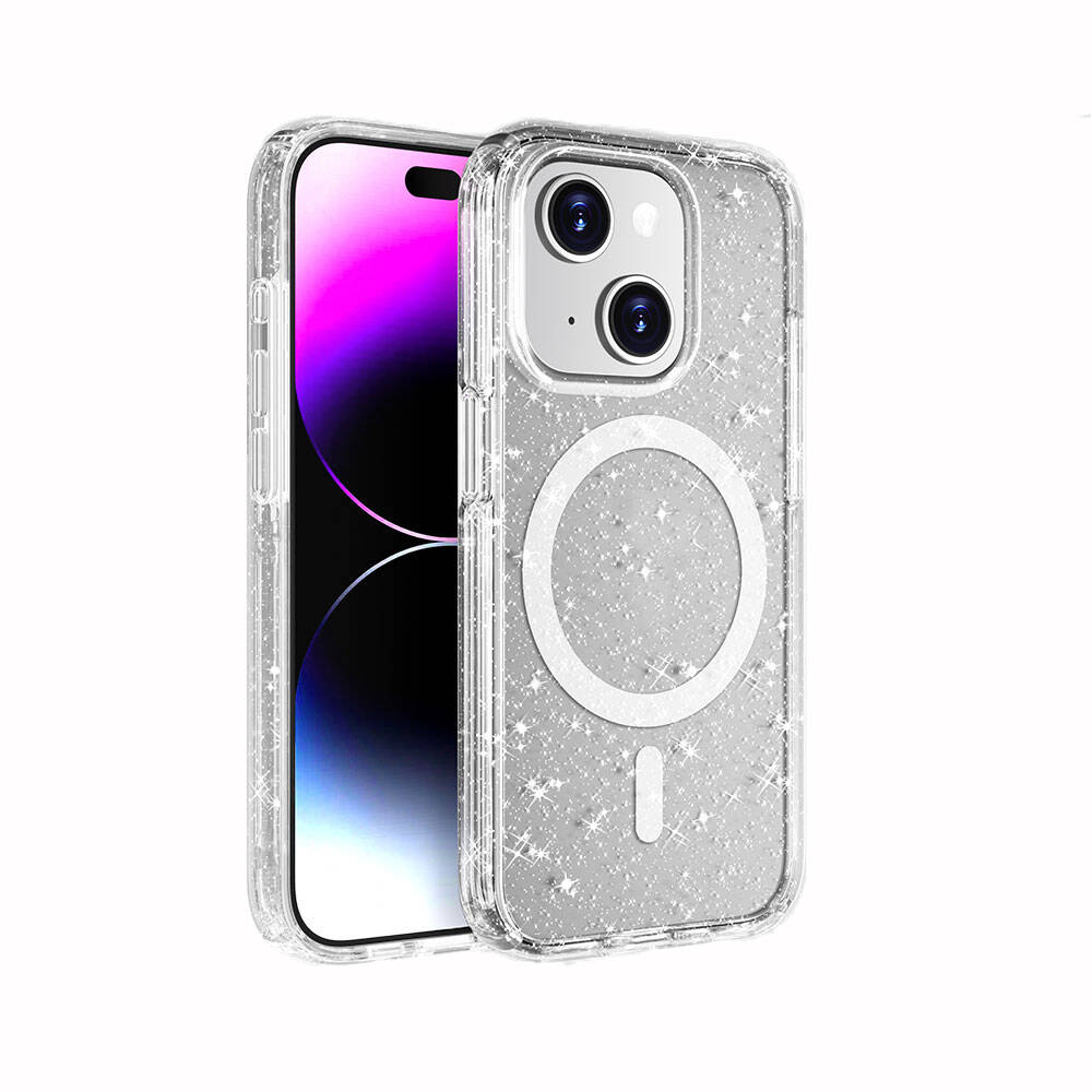 Apple iPhone 15 Plus Uyumlu Kılıf M-safe Şarj Özellikli Parlayan Simli Saydam Renkli Zore Allstar Kapak