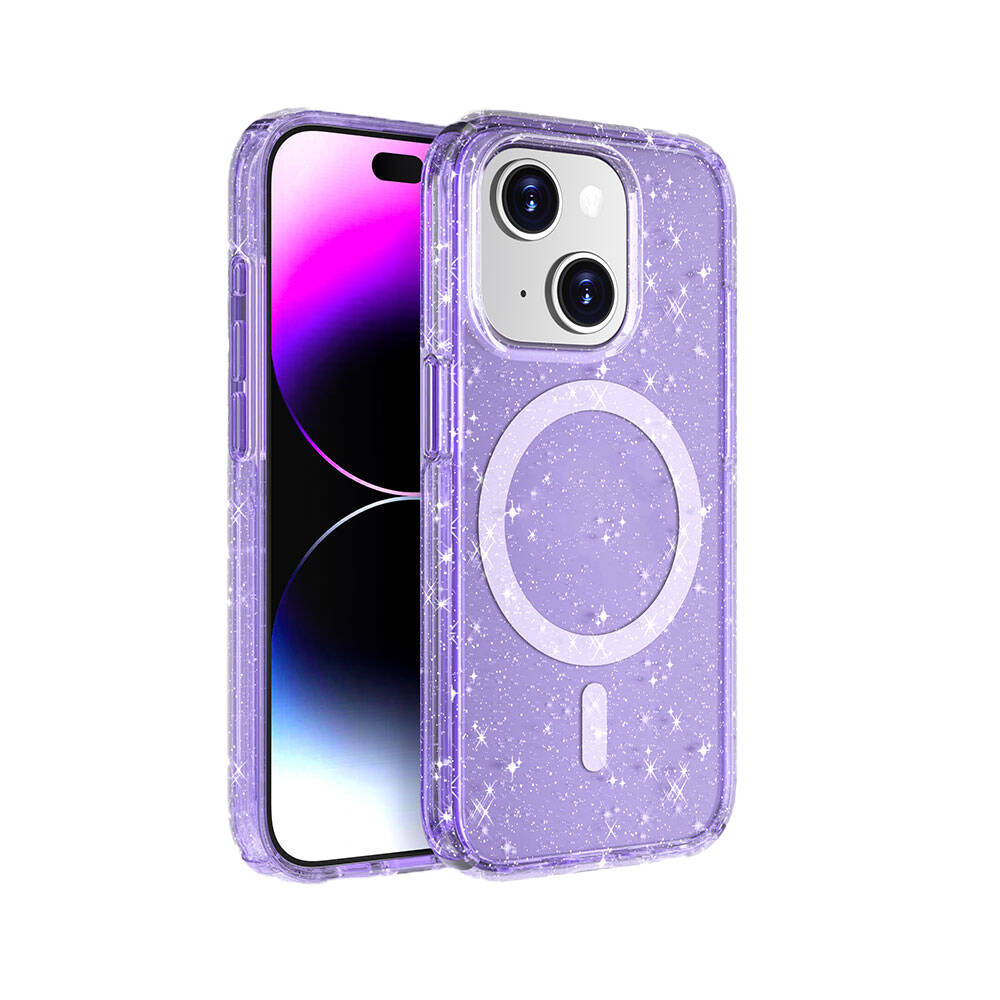 Apple iPhone 15 Plus Uyumlu Kılıf M-safe Şarj Özellikli Parlayan Simli Saydam Renkli Zore Allstar Kapak