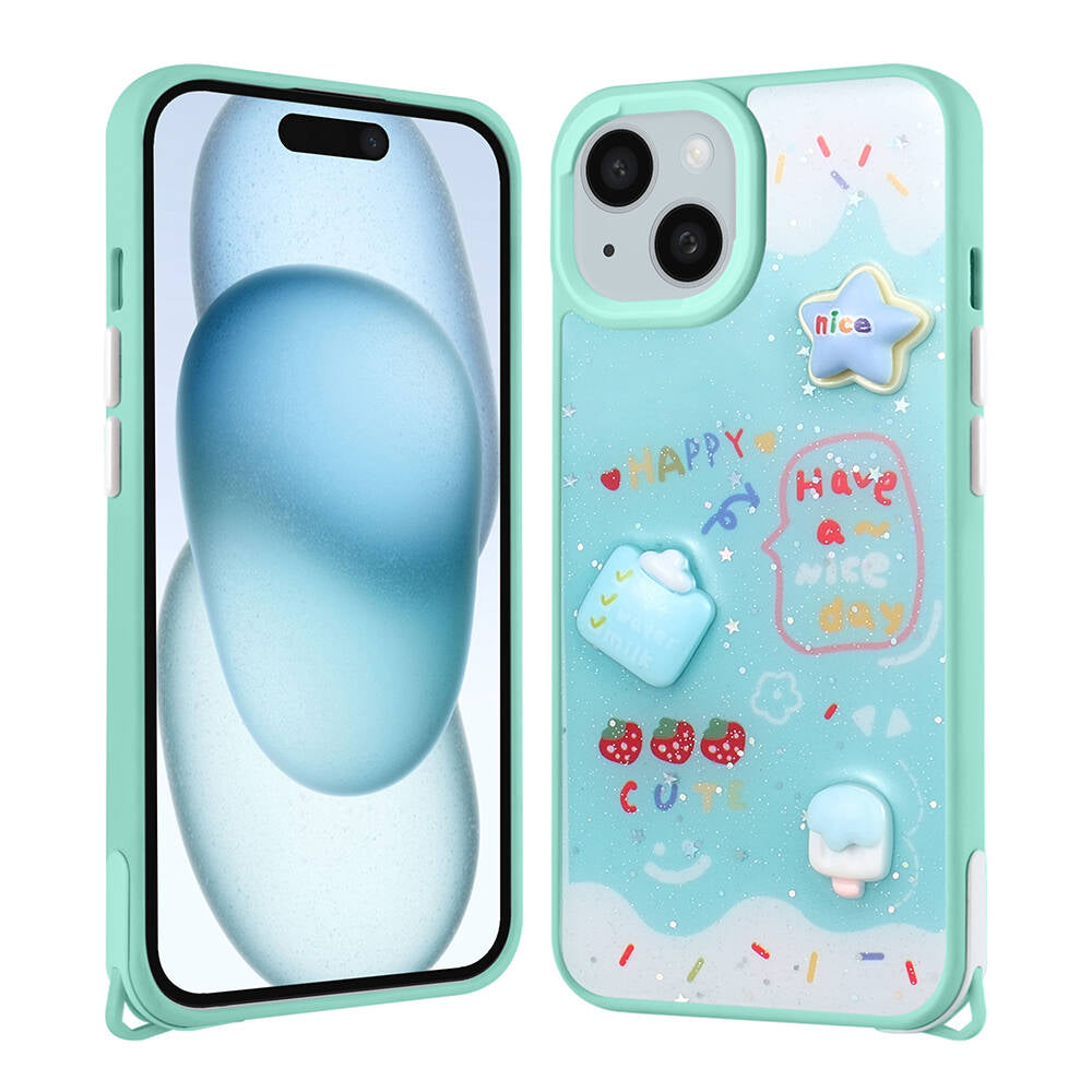 Apple iPhone 15 Plus Uyumlu Kılıf Parlayan Simli Kabartma Figürlü Zore Cevze Kapak
