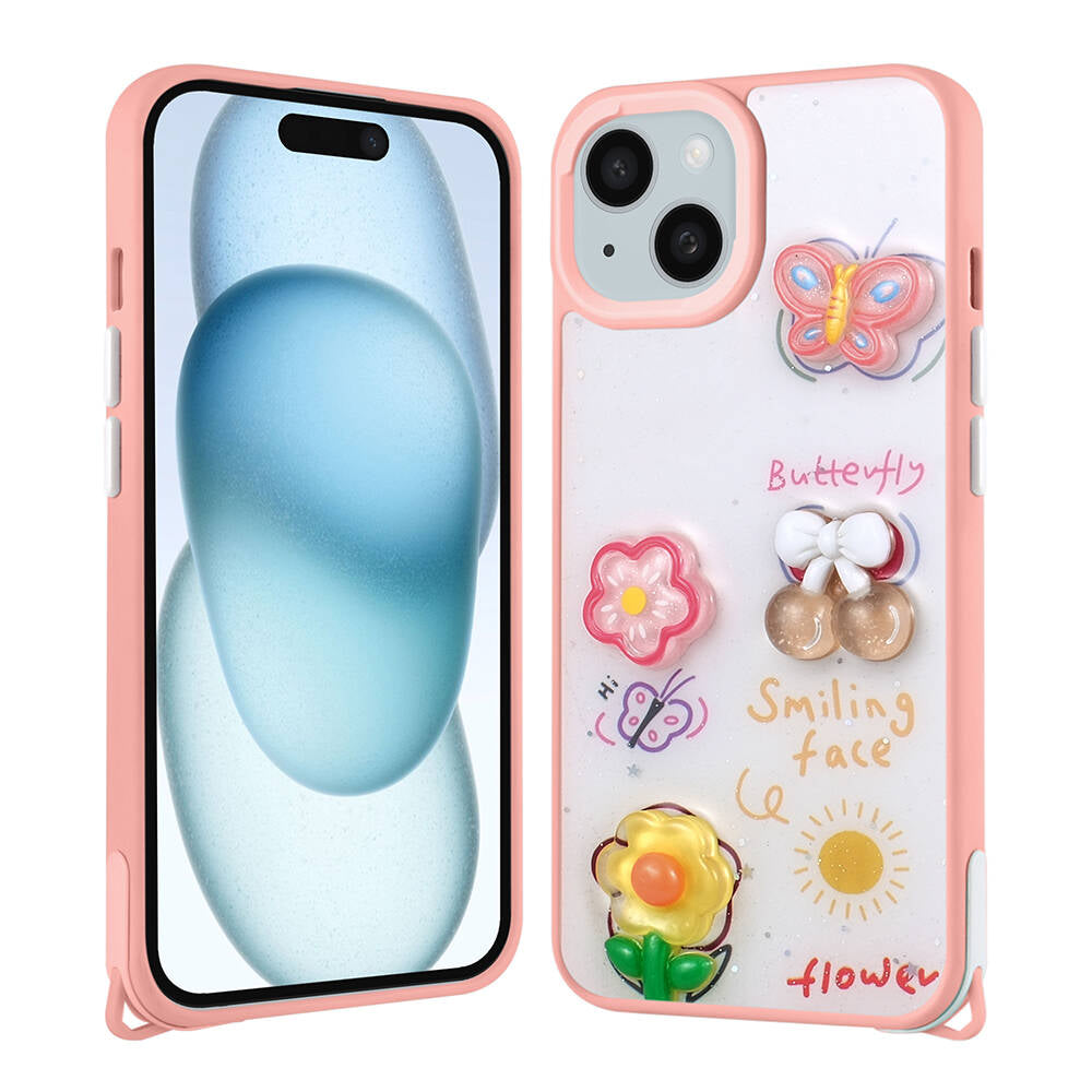 Apple iPhone 15 Plus Uyumlu Kılıf Parlayan Simli Kabartma Figürlü Zore Cevze Kapak
