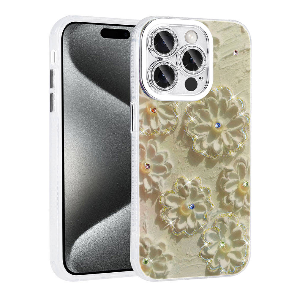 Apple iPhone 15 Pro Uyumlu Kılıf Çiçek Desenli Parlak Taşlı Sert Silikon Zore Garden Kapak