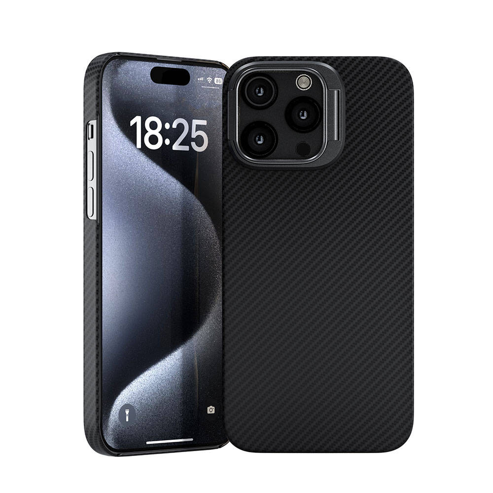 Apple iPhone 15 Pro Uyumlu Kılıf M-safe Şarj Özellikli 600D Kevlar Zore Krek Karbon Standlı Kapak