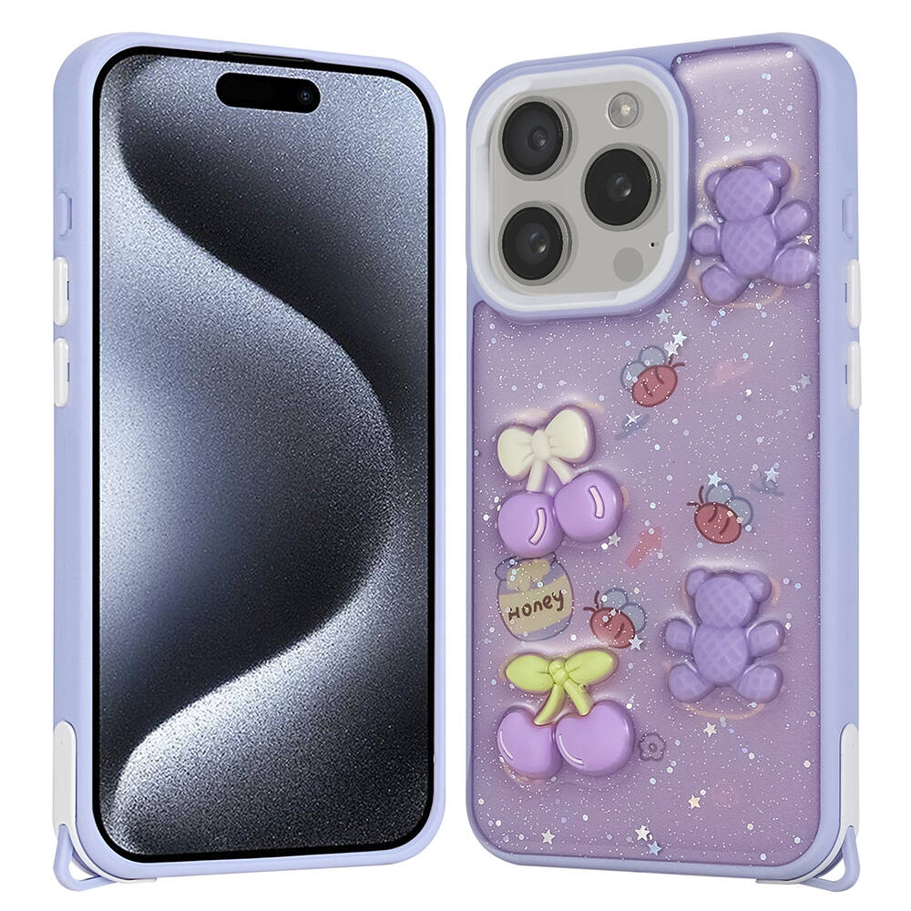 Apple iPhone 15 Pro Uyumlu Kılıf Parlayan Simli Kabartma Figürlü Zore Cevze Kapak