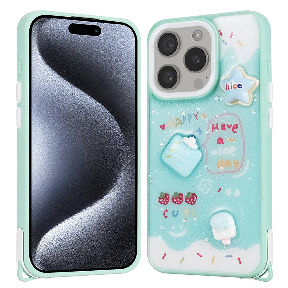 Apple iPhone 15 Pro Uyumlu Kılıf Parlayan Simli Kabartma Figürlü Zore Cevze Kapak