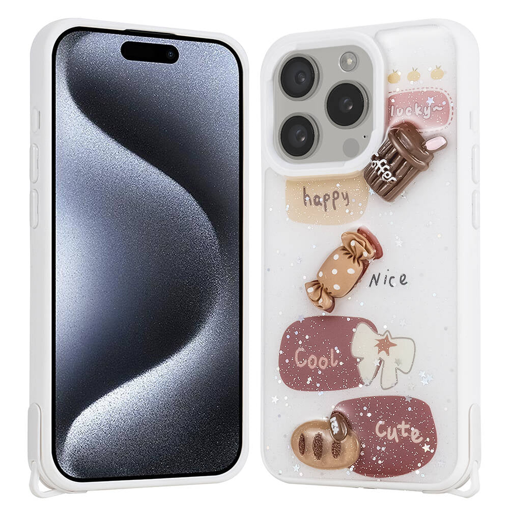 Apple iPhone 15 Pro Uyumlu Kılıf Parlayan Simli Kabartma Figürlü Zore Cevze Kapak