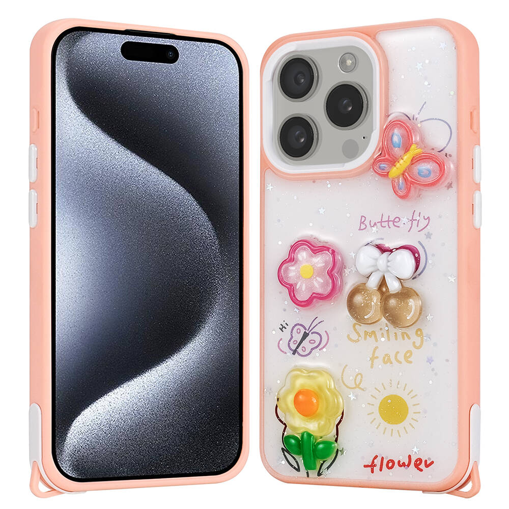Apple iPhone 15 Pro Uyumlu Kılıf Parlayan Simli Kabartma Figürlü Zore Cevze Kapak