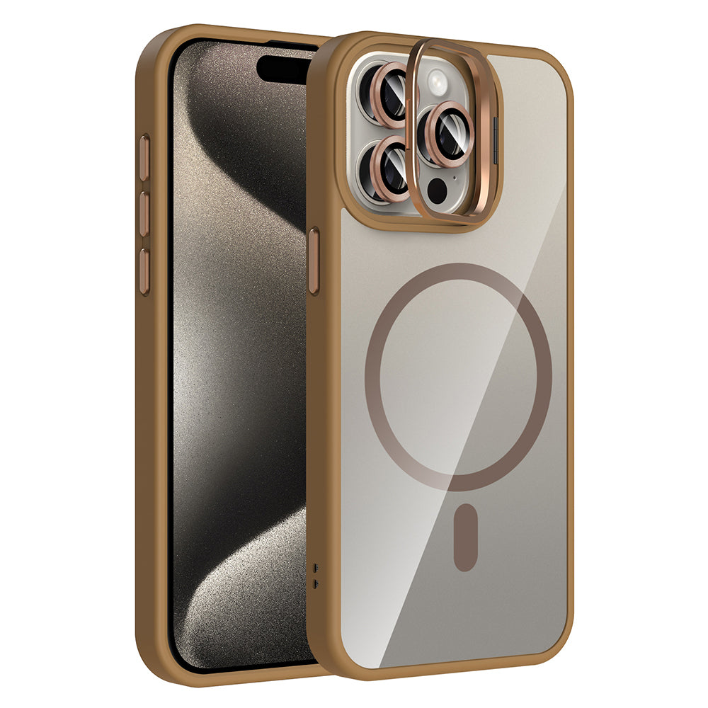 Apple iPhone 15 Pro Uyumlu Kılıf Standlı ve Kamera Lens Hediyeli M-Safe Şarj Özellikli Zore Etro Kapak