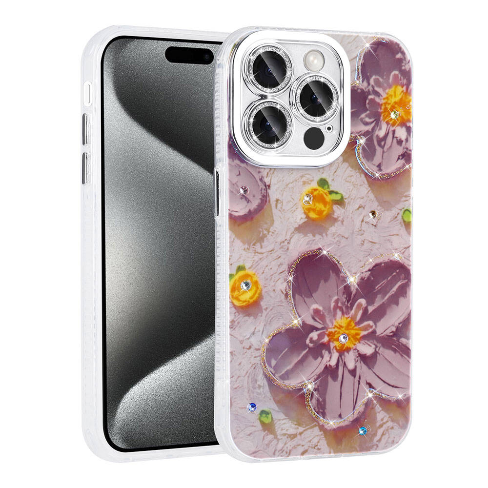 Apple iPhone 15 Pro Max Uyumlu Kılıf Çiçek Desenli Parlak Taşlı Sert Silikon Zore Garden Kapak