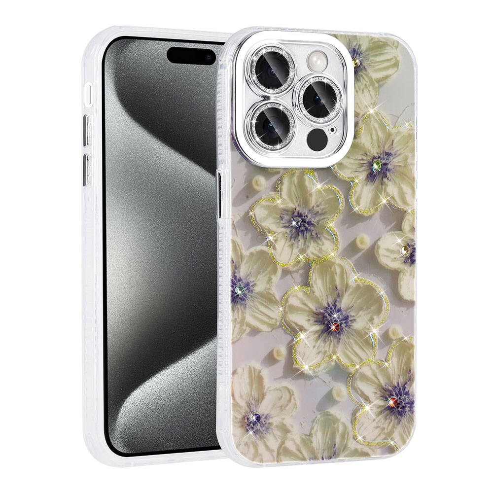 Apple iPhone 15 Pro Max Uyumlu Kılıf Çiçek Desenli Parlak Taşlı Sert Silikon Zore Garden Kapak
