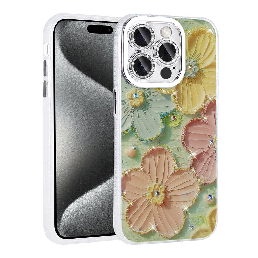 Apple iPhone 15 Pro Max Uyumlu Kılıf Çiçek Desenli Parlak Taşlı Sert Silikon Zore Garden Kapak
