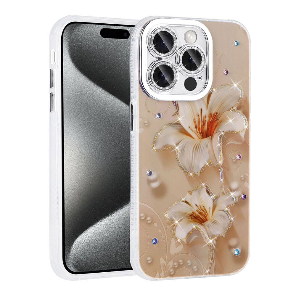 Apple iPhone 15 Pro Max Uyumlu Kılıf Çiçek Desenli Parlak Taşlı Sert Silikon Zore Garden Kapak